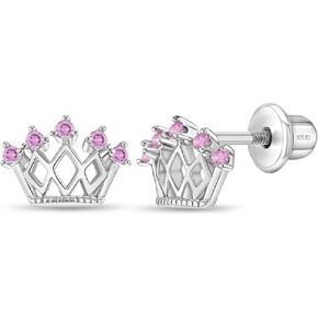 925 Sterling Silver Crown Princess Cubic Zirconia Safety Screw Back Locking Earrings for Toddlers, Little Girls & Preteens - Polished and Elegant Royal Earrings for Your Little Princess