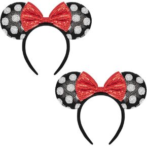 2 PCS Mouse Ears, Shiny Red Sequin Bow Mouse Ears Headbands for Adult Women Girls Christmas Birthday Party (Red)