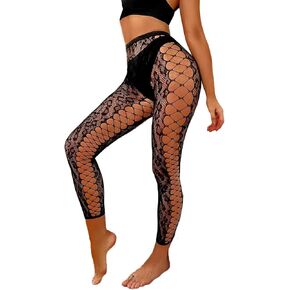 LUCKELF Footless Fishnet Stockings Patterned High Waist Tights Leopard Print Lingerie Side Cut Out