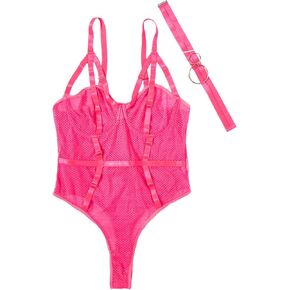 WDIRARA Women's Sheer Mesh Underwire Strap Teddy Lingerie Bodysuit with Choker