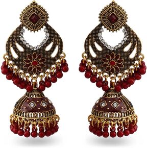 Bohemian Indian Dangle Earrings for Women Girls Turquoise Vintage Antique Silver Gold Bell Chandelier Statement Earrings Birthstone Beaded Crystal Jhumka Jhumki Lotus Mexico Tassel Studs Traditional Wedding Christmas Jewelry Gifts