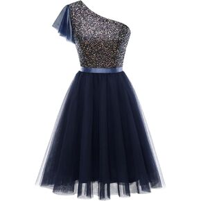 DRESSTELLS Womens Sequin Cocktail Party Dress Sparkly Glitter One Shoulder Homecoming Dresses A-line Swing Prom Dress
