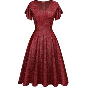 DRESSTELLS Women's Cocktail Party Dress, Sparkly Fit Flare Wedding Guest Dress, Fall 2023 Glitter Modest Homecoming Dress