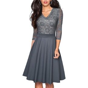 HOMEYEE Women's Chic V-Neck Lace Patchwork Flare Party Dress A062