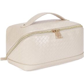 Telena Makeup Bag Large Capacity Travel Cosmetic Bag Portable PU Leather Water Resistant Makeup Organizer Bags for Women with Handle and Divider Open Flat Beige with Brown