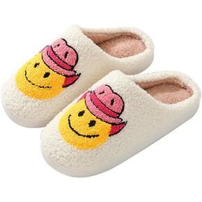 Womens Mens Fuzzy Happy Face Slippers, Cute Preppy Fluffy House Slippers, Preppy Slippers for Indoor and Outdoor Plush House Shoes