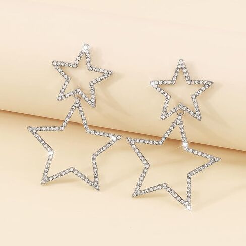 Jumwrit Rhinestone Star Earrings Long Star Drop Dangle Earrings Geometric Five-Pointed Star Stud Earrings Punk Boho Shiny Earrings Fashion Earrings Jewelry for Women Girls(Silver) in Saudi Arabia