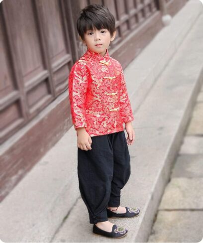 Boy Tang Suit Dragon Long Sleeve Shirt Chinese New Year Outfit Chinese Traditional Clothes for Kids in Kuwait