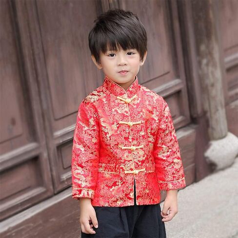 Boy Tang Suit Dragon Long Sleeve Shirt Chinese New Year Outfit Chinese Traditional Clothes for Kids in Kuwait