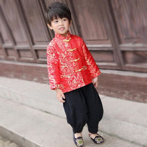 Boy Tang Suit Dragon Long Sleeve Shirt Chinese New Year Outfit Chinese Traditional Clothes for Kids in Kuwait