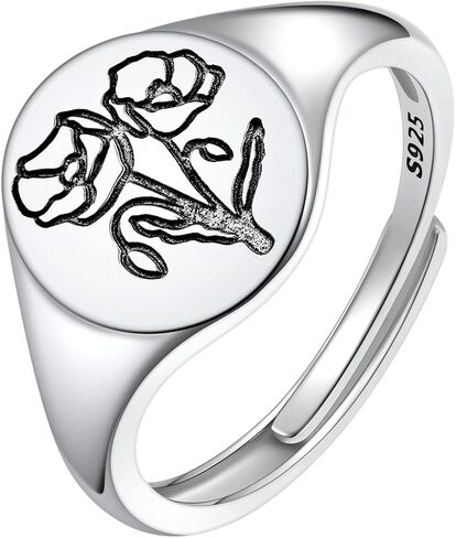 FindChic 925 Sterling Silver Birth Flower Signet Ring Adjustable Size 6 to 11 Round Medal Floral Stamped Jewelry Gift for Mom Daughter, with Gift Box in Kuwait