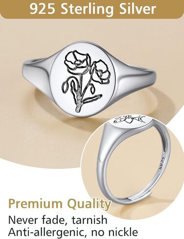 FindChic 925 Sterling Silver Birth Flower Signet Ring Adjustable Size 6 to 11 Round Medal Floral Stamped Jewelry Gift for Mom Daughter, with Gift Box in Kuwait