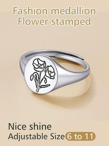 FindChic 925 Sterling Silver Birth Flower Signet Ring Adjustable Size 6 to 11 Round Medal Floral Stamped Jewelry Gift for Mom Daughter, with Gift Box in Kuwait