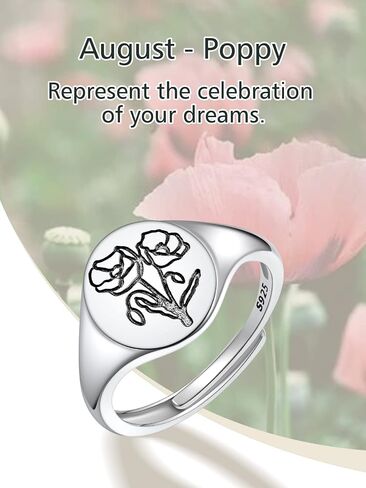 FindChic 925 Sterling Silver Birth Flower Signet Ring Adjustable Size 6 to 11 Round Medal Floral Stamped Jewelry Gift for Mom Daughter, with Gift Box in Kuwait