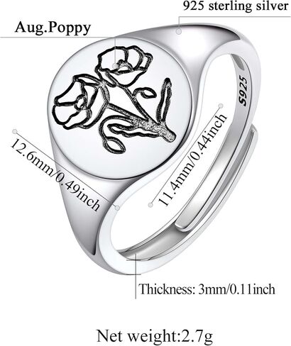 FindChic 925 Sterling Silver Birth Flower Signet Ring Adjustable Size 6 to 11 Round Medal Floral Stamped Jewelry Gift for Mom Daughter, with Gift Box in Kuwait