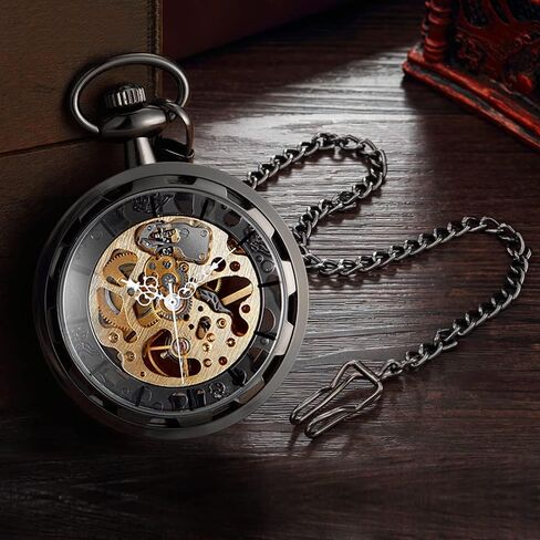VIGOROSO Mens Classic Steampunk Pocket Watch with Chain Skeleton Hand Wind Mechanical Pocket Watches for Men & Women in Kuwait