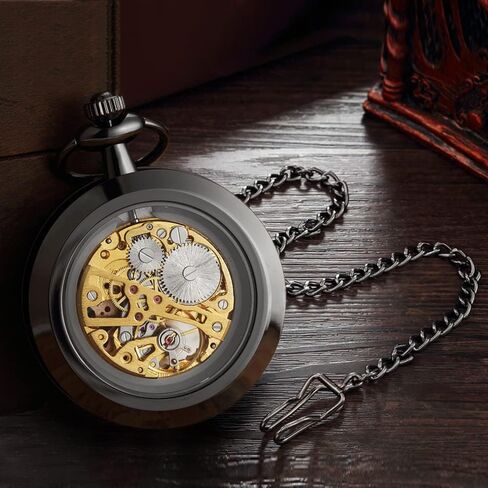 VIGOROSO Mens Classic Steampunk Pocket Watch with Chain Skeleton Hand Wind Mechanical Pocket Watches for Men & Women in Kuwait