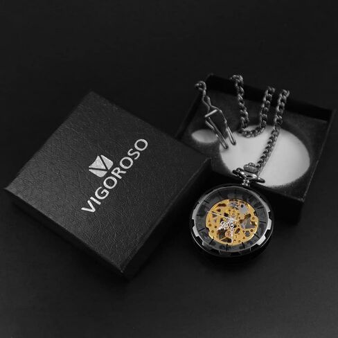 VIGOROSO Mens Classic Steampunk Pocket Watch with Chain Skeleton Hand Wind Mechanical Pocket Watches for Men & Women in Kuwait