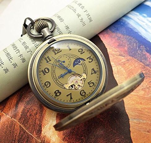 OGLE 3ATM مقاومة للماء عتيقة برونزية حصان أسود توربيون مراحل قمر رجالي طالب سلسلة تناظرية فوب ذاتية الملء صندوق ساعة جيب ميكانيكية in Kuwait