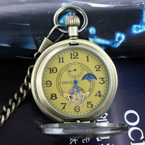 OGLE 3ATM مقاومة للماء عتيقة برونزية حصان أسود توربيون مراحل قمر رجالي طالب سلسلة تناظرية فوب ذاتية الملء صندوق ساعة جيب ميكانيكية in Kuwait