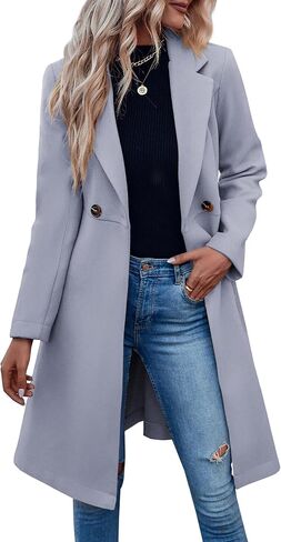 Fazortev Women's Double Button Belted Tweed Overcoat Basic Long Sleeve Notched Lapel Pea Trench Jacket Outwear Coats in Kuwait