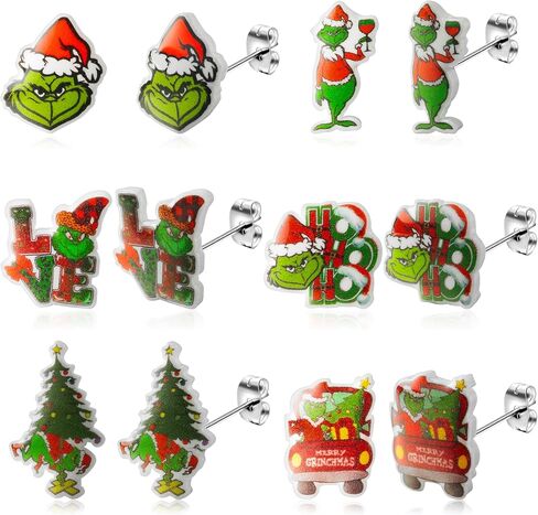 6 أزواج من أقراط عيد الميلاد الوحش الأخضر مجموعة شجرة عيد الميلاد سانتا قبعة قطرة تتدلى الأقراط الأزرار الشتاء عطلة الأقراط الاكريليك تأثيري مجوهرات اكسسوارات هدايا عيد الميلاد للنساء الفتيات in Kuwait