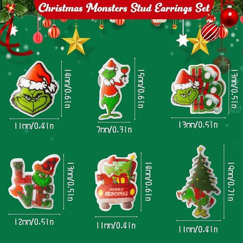 6 أزواج من أقراط عيد الميلاد الوحش الأخضر مجموعة شجرة عيد الميلاد سانتا قبعة قطرة تتدلى الأقراط الأزرار الشتاء عطلة الأقراط الاكريليك تأثيري مجوهرات اكسسوارات هدايا عيد الميلاد للنساء الفتيات in Kuwait