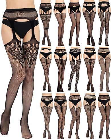 Yahenda 16 Pairs Halloween Women Fishnet Stockings High Waist Gothic Tights Fish Net Stockings Suspender Garter Pantyhose for Women Thigh High Fishnets Stockings, 16 Styles in Saudi Arabia