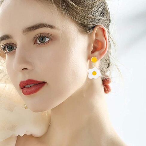 TIANBANGSHI Chic Funny 18k Gold Plated Enamel Fried Egg Stud Earring Cute Poached Egg Dangle Drop Earrings for Women Girls Lover Kitchen Cooking Statement Jewelry Gifts in Saudi Arabia
