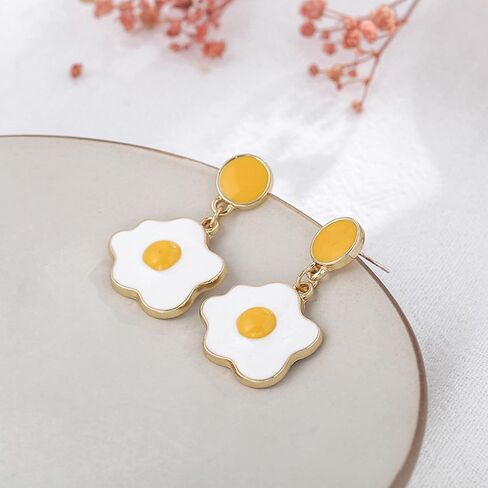 TIANBANGSHI Chic Funny 18k Gold Plated Enamel Fried Egg Stud Earring Cute Poached Egg Dangle Drop Earrings for Women Girls Lover Kitchen Cooking Statement Jewelry Gifts in Saudi Arabia