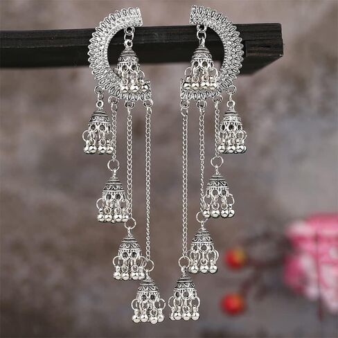 متعددة jhumki جرس مطرز سلسلة طويلة شرابة كبيرة تتدلى الأقراط للنساء الفتيات أزياء شخصية البوهيمي خمر الثريا الهندية بيان كبير قطرة نصف دائرة عشيق القرط المبالغة المتدلية هيبوالرجينيك هدايا المجوهرات التقليدية in Kuwait