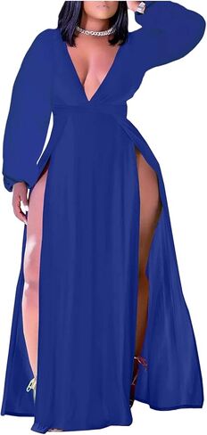 فستان نسائي طويل من Ekaliy مقاس كبير بدون أكمام ورقبة على شكل حرف V وفتحة أمامية طويلة in Kuwait