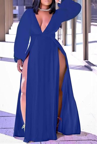 فستان نسائي طويل من Ekaliy مقاس كبير بدون أكمام ورقبة على شكل حرف V وفتحة أمامية طويلة in Kuwait