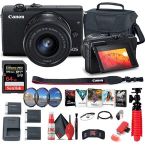 كاميرا Canon EOS M200 الرقمية بدون مرآة مع عدسة 15-45 مم (أسود) (3699C009) + بطاقة ذاكرة سعة 64 جيجابايت + حقيبة + مجموعة مرشح + برنامج Corel Photo + بطارية LPE12 + شاحن + قارئ بطاقات + المزيد (متجددة) in Kuwait