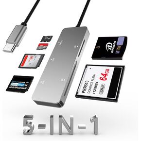 قارئ بطاقات SD USB C 3.0، USB C 5Gps، قارئ بطاقات ذاكرة عالي السرعة مع TF/SD/MS/M2/XD/CF 5 في 1، قارئ بطاقات CF محمول من الالومنيوم لنظام ويندوز اكس بي/فيستا/ماك او اس/لينكس، التوصيل والتشغيل in Kuwait