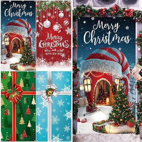 Tranqun 4 Pcs Christmas Door Cover Decorations 71 x 35 mas Front Door Backdrop Banner Merry Christmas Door Hanging Cover Xmas Snowflake Gift Box Bow Knot Photography for Indoor Outdoor Party (Tree)
