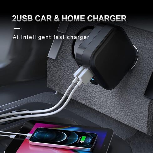 مجموعة شاحن سيارة USB حائطي، 2.1 أمبير 2 في 1 بمنفذ مزدوج USB لشاحن السفر للسيارة، قابس قابل للطي متوافق مع iPhone 13 12 11 Pro Max XS 8 7 6 Plus iPad Samsung Galaxy S21 S20 S10 S9 HTC LG Pixel Kindle in Kuwait