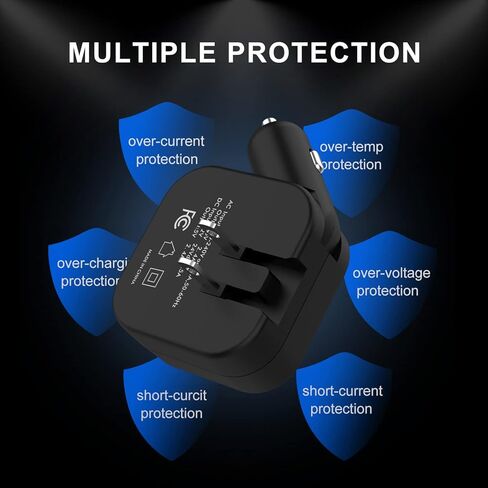 مجموعة شاحن سيارة USB حائطي، 2.1 أمبير 2 في 1 بمنفذ مزدوج USB لشاحن السفر للسيارة، قابس قابل للطي متوافق مع iPhone 13 12 11 Pro Max XS 8 7 6 Plus iPad Samsung Galaxy S21 S20 S10 S9 HTC LG Pixel Kindle in Kuwait