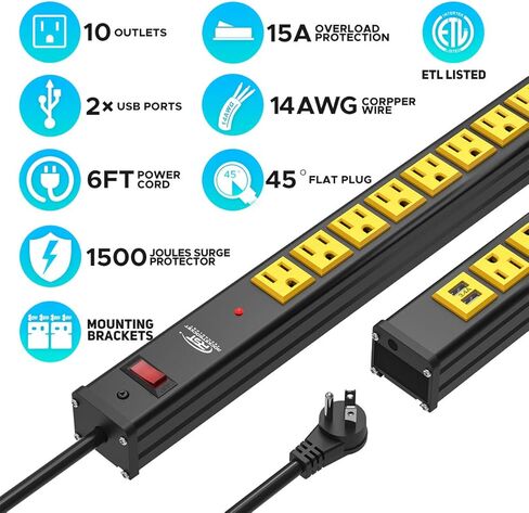 CRST 10-Outlet شديد التحمل لقطاع الطاقة مع سلك تمديد USB (3.4A) بطول 6 أقدام مع أقواس تثبيت قاطع دائرة 15A 1500 جول in Kuwait