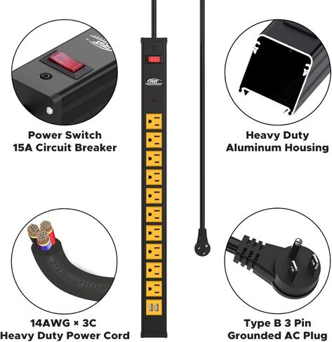 CRST 10-Outlet شديد التحمل لقطاع الطاقة مع سلك تمديد USB (3.4A) بطول 6 أقدام مع أقواس تثبيت قاطع دائرة 15A 1500 جول in Kuwait