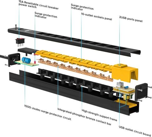 CRST 10-Outlet شديد التحمل لقطاع الطاقة مع سلك تمديد USB (3.4A) بطول 6 أقدام مع أقواس تثبيت قاطع دائرة 15A 1500 جول in Kuwait