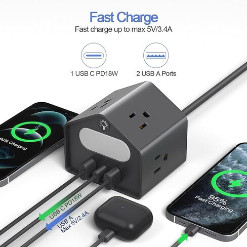 سلك تمديد طويل بطول 10 أقدام مع منفذ USB C، وواقي التيار المسطح لشريط الطاقة مع 4 منافذ متباعدة على نطاق واسع وإضاءة ليلية، ومحطة شحن سطح المكتب مع حماية من التحميل الزائد للسفر في المنزل والمكتب in Kuwait