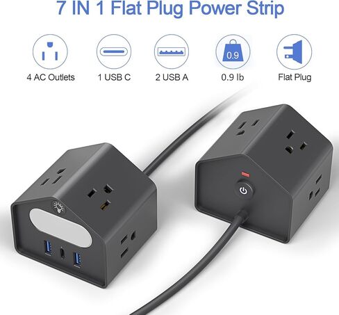 سلك تمديد طويل بطول 10 أقدام مع منفذ USB C، وواقي التيار المسطح لشريط الطاقة مع 4 منافذ متباعدة على نطاق واسع وإضاءة ليلية، ومحطة شحن سطح المكتب مع حماية من التحميل الزائد للسفر في المنزل والمكتب in Kuwait