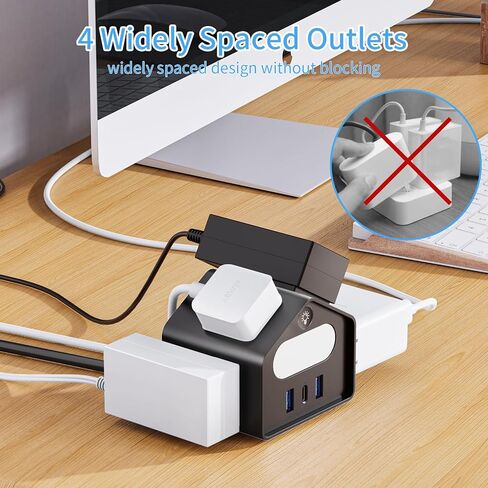 سلك تمديد طويل بطول 10 أقدام مع منفذ USB C، وواقي التيار المسطح لشريط الطاقة مع 4 منافذ متباعدة على نطاق واسع وإضاءة ليلية، ومحطة شحن سطح المكتب مع حماية من التحميل الزائد للسفر في المنزل والمكتب in Kuwait