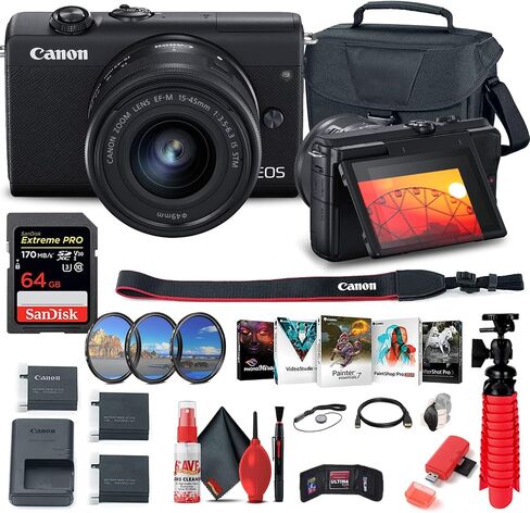 كاميرا Canon EOS M200 الرقمية بدون مرآة مع عدسة 15-45 مم (أسود) (3699C009) + بطاقة ذاكرة سعة 64 جيجابايت + حقيبة + مجموعة مرشح + برنامج Corel Photo + بطارية LPE12 + شاحن + قارئ بطاقات + المزيد (متجددة) in Kuwait