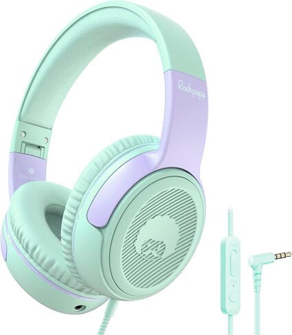 rockpapa 3.5mm Kids Headphones Wired with Mic & Share Port, 85/94dB Limited | Student Childs Boys Girls Corded Head phones Foldable for Chromebooks Laptop Phones MP3 Green/Yellow in Kuwait