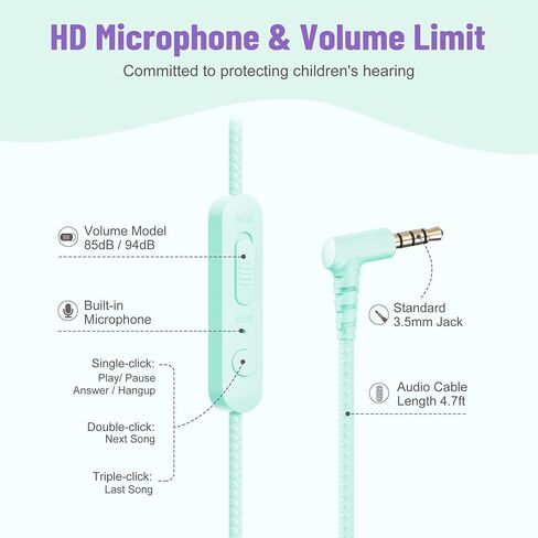rockpapa 3.5mm Kids Headphones Wired with Mic & Share Port, 85/94dB Limited | Student Childs Boys Girls Corded Head phones Foldable for Chromebooks Laptop Phones MP3 Green/Yellow in Kuwait
