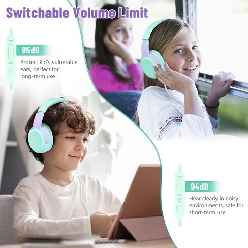 rockpapa 3.5mm Kids Headphones Wired with Mic & Share Port, 85/94dB Limited | Student Childs Boys Girls Corded Head phones Foldable for Chromebooks Laptop Phones MP3 Green/Yellow in Kuwait