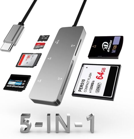 قارئ بطاقات SD USB C 3.0، USB C 5Gps، قارئ بطاقات ذاكرة عالي السرعة مع TF/SD/MS/M2/XD/CF 5 في 1، قارئ بطاقات CF محمول من الالومنيوم لنظام ويندوز اكس بي/فيستا/ماك او اس/لينكس، التوصيل والتشغيل in Kuwait