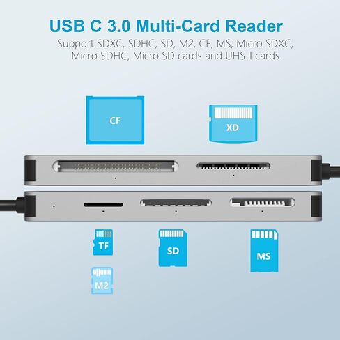 قارئ بطاقات SD USB C 3.0، USB C 5Gps، قارئ بطاقات ذاكرة عالي السرعة مع TF/SD/MS/M2/XD/CF 5 في 1، قارئ بطاقات CF محمول من الالومنيوم لنظام ويندوز اكس بي/فيستا/ماك او اس/لينكس، التوصيل والتشغيل in Kuwait